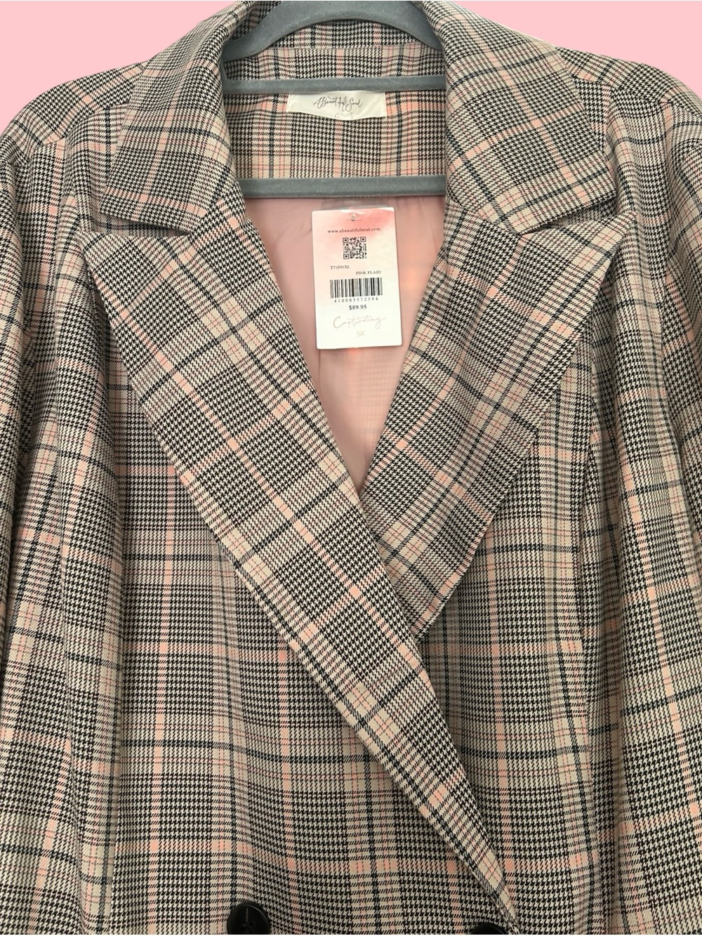 Plaid Double-Breasted Blazer Jacket in Pink and Gray.Boss Lady Blazer! Size 3X. - Picture 13 of 16